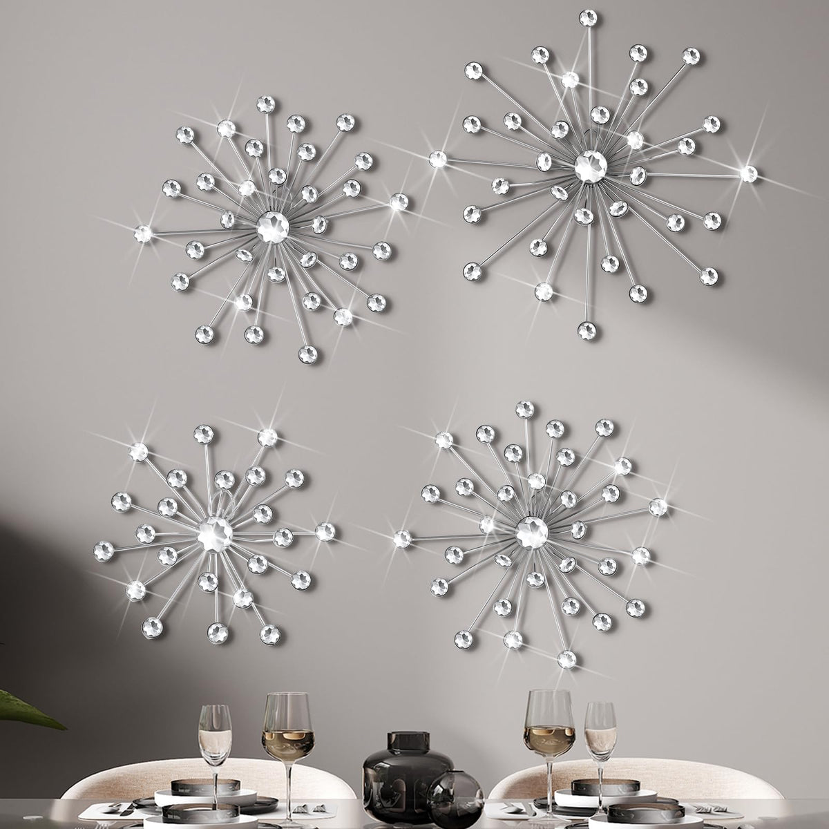 Funnymoom 4 Pcs Silver Starburst Wall Decor Metal Bling Wall Art Crystal Silver Sparkling Rhinestones Bling Decorative Hanging Diamond for Living Room Bedroom Home Office