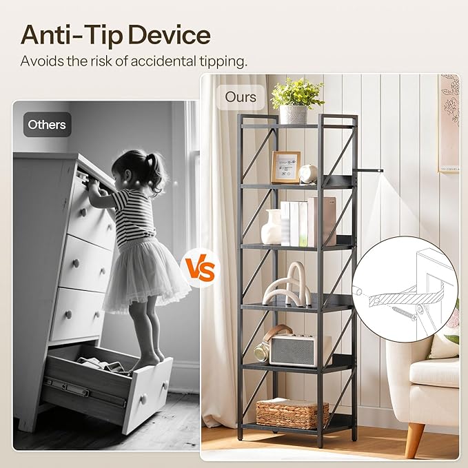 HOOBRO Bookshelf, 6-Tier Industrial Bookcase, Book Shelf Storage Organizer