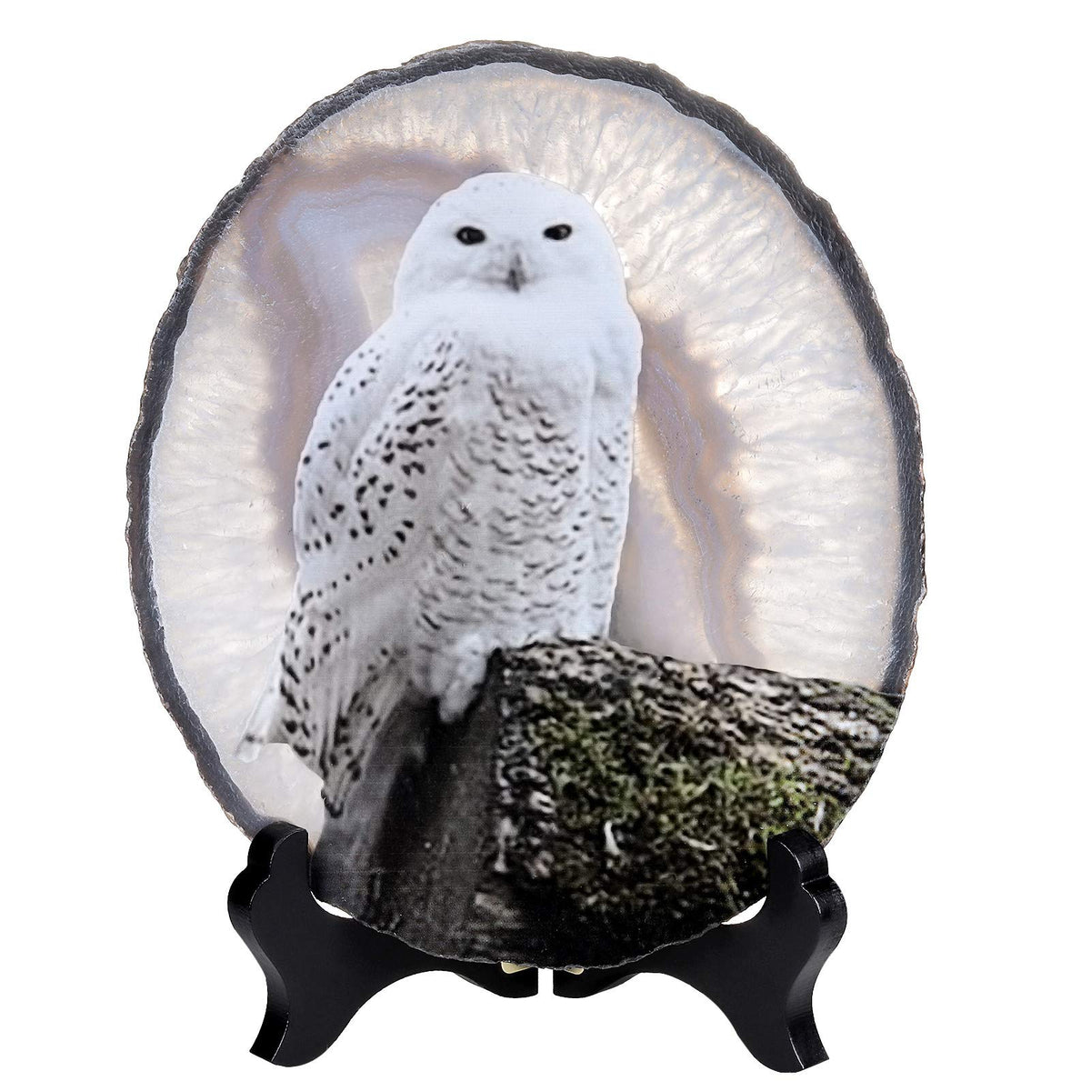 mookaitedecor Natural Agate Slice Art Print Snowy Owl Table Display with Wooden Stand, Irregular Agate Geode Stone Figurine for Office & Home Decoration