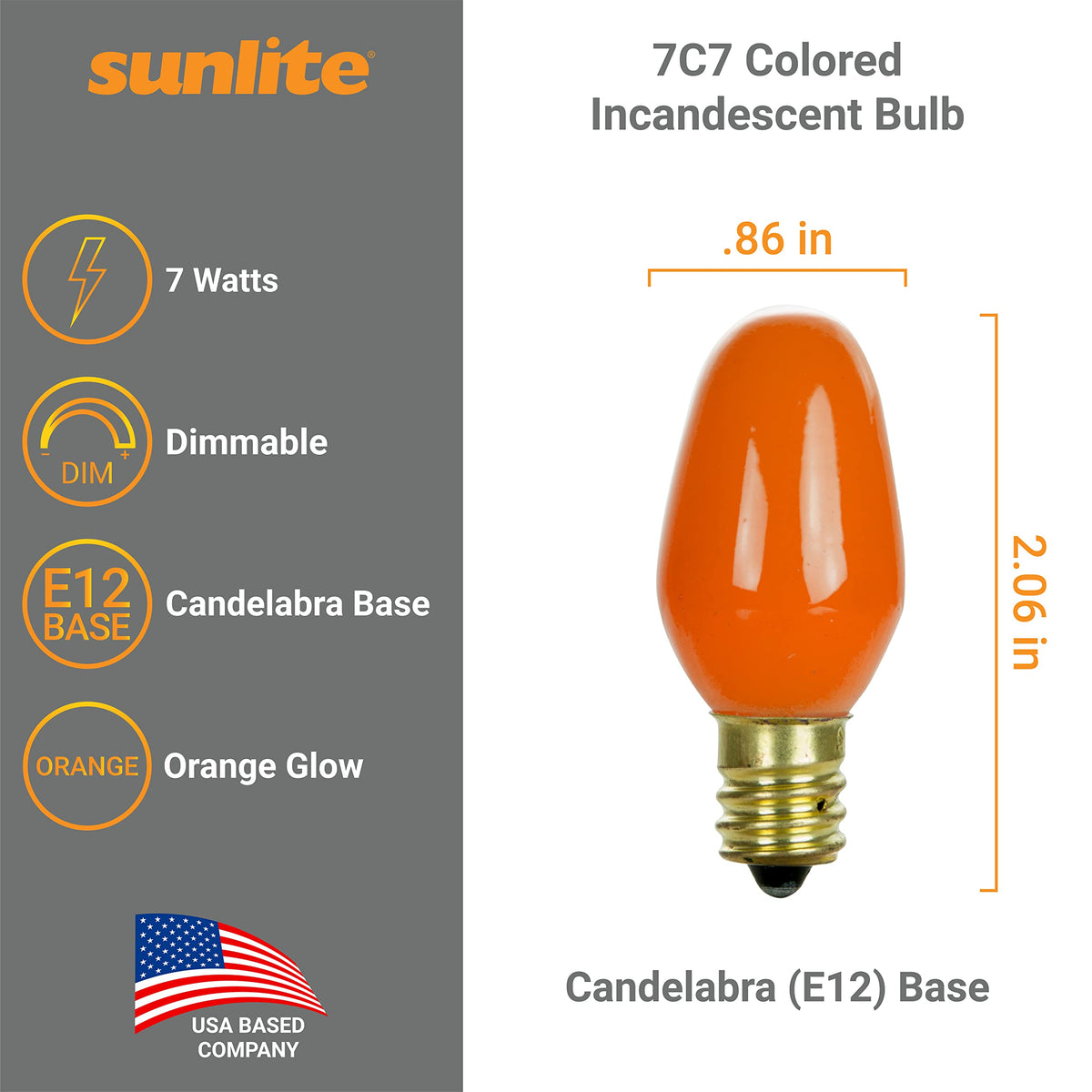 Sunlite 01270 7C7 Incandescent Bulb, 7 Watt, Candelabra E12 Base, C7 Small Night Light, Colored Bulb, Orange, 25 Count