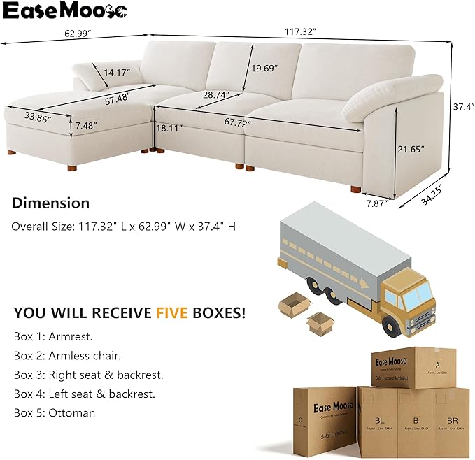 EASE MOOSE Sectional Modular Sofa, Oversized L Shape Sectional Couch Wide Deep