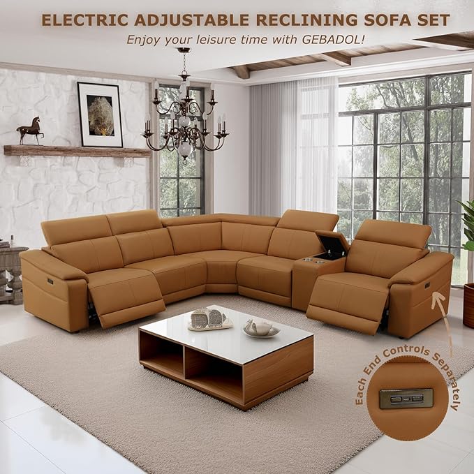 Power Recliner Sectional Sofa, L-Shaped Living Room Furniture Set, Leather