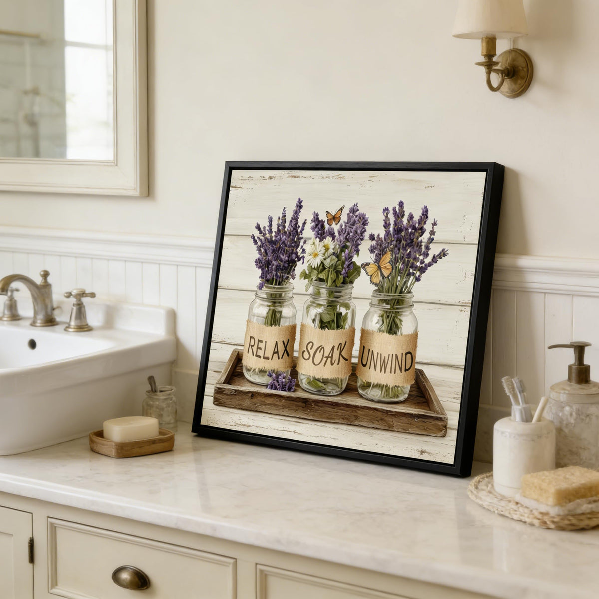 Black Framed Farmhouse Bathroom Wall Art Rustic Lavender Flower Wall Decor Relax Soak Unwind Bathroom Posters Prints for Spa Bathroom 8x10 Inch