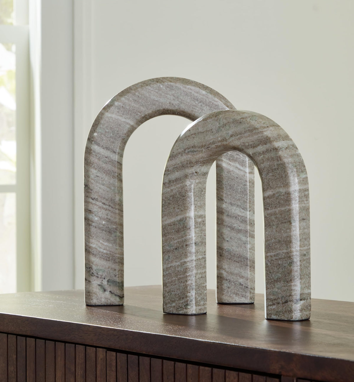 Signature Design by Ashley Keithton Minimalist Waterproof Marble Architectural Sculpture Set, Set of 2, Light Gray & Light Brown