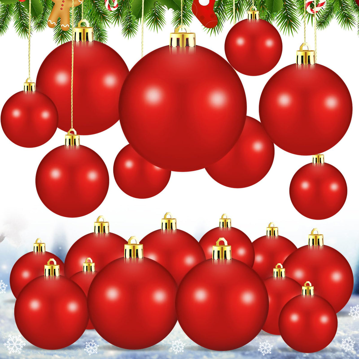 Marsui 24 Pcs Giant Christmas Balls Ornaments Extra Large Outdoor Red Christmas Ornament 8'' 6'' 3'' 2'' Large Xmas Balls Bulk Plastic Shatterproof for Xmas Tree Lawn Yard Porch (Shiny)