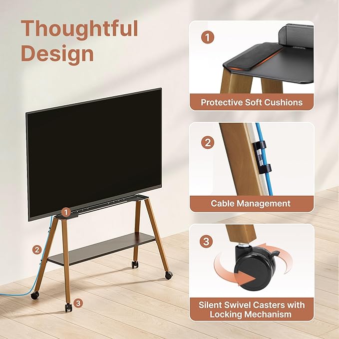 Rolling Easel TV Stand for 49–75 Inch TVs, Mobile TV Cart