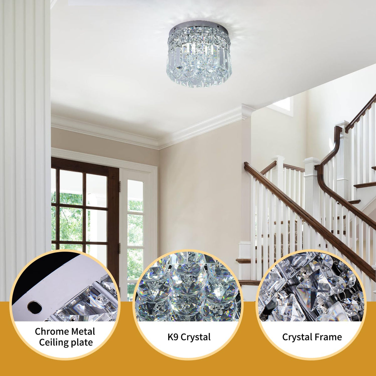 CEENLI Mini Modern Round Crystal Flush Mount Chandelier 7.8 inch Ceiling Light Fixture 4-Lights G9 Bulb for Closet Foyer Hallway Bedroom Living Room Dining Room Entryway Chrome Finish