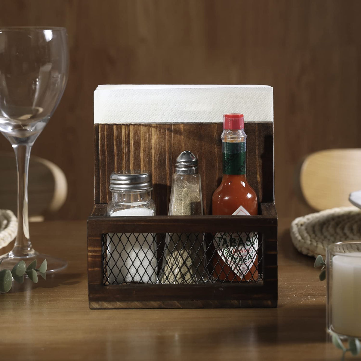 FARM IN Napkin Holder, Farmhouse Multifunctional Napkin Holder with Salt and Pepper Shakers Holder for Home Kitchen Table Centerpiece and Commercial, Rustic Solid Burnt Wood & Diamond Metal Wire Mesh