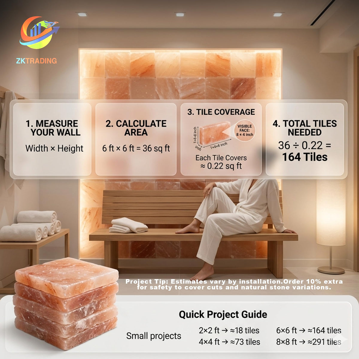 ZK Pack of 6 Himalayan Salt Tiles 8"x4"x1" – Natural Pink Salt Bricks for Sauna Walls, Salt Blocks of 2.5 lbs for Spa Rooms, Backlit Salt Walls & DIY Wellness Décor