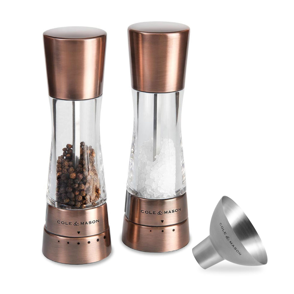 Cole & Mason Derwent Salt & Pepper Grinder Set - Salt & Pepper Grinder Set with Adjustable Grind Settings - Easily Refillable Spice Mills for Enhanced Taste - Copper with Stainless Steel Funnel