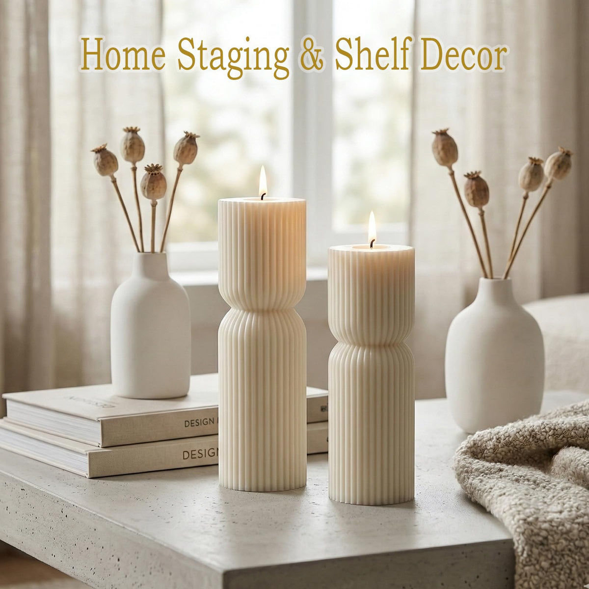 Aesthetic Sandalwood Scented Candles,Ribbed Pillar Candle Set of 2 (7.87" & 9.05" Tall), Natural Soy Wax Minimalist Geometric Decor, Modern Fluted Sculptural Candles for Home,Shelf, Mantel & Gift