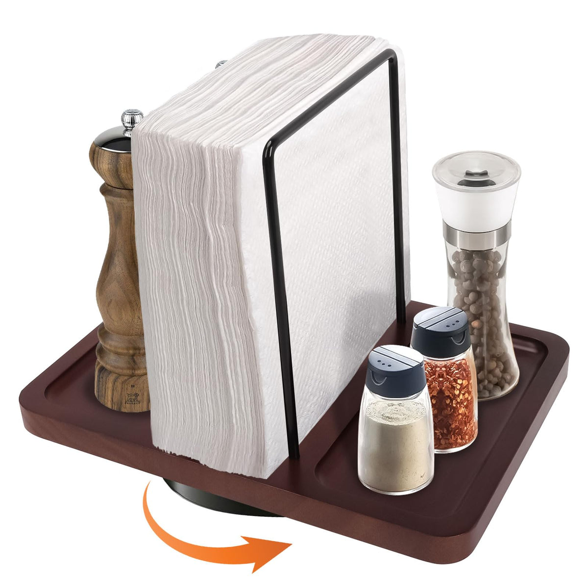 2 in 1 Napkin Holder for Table, Rotating Metal Napkin Dispenser with Salt and Pepper Shakers Caddy Standing Paper Towel Holder for Kitchen Dinner Table and Picnic Decors,Not Including Shakers