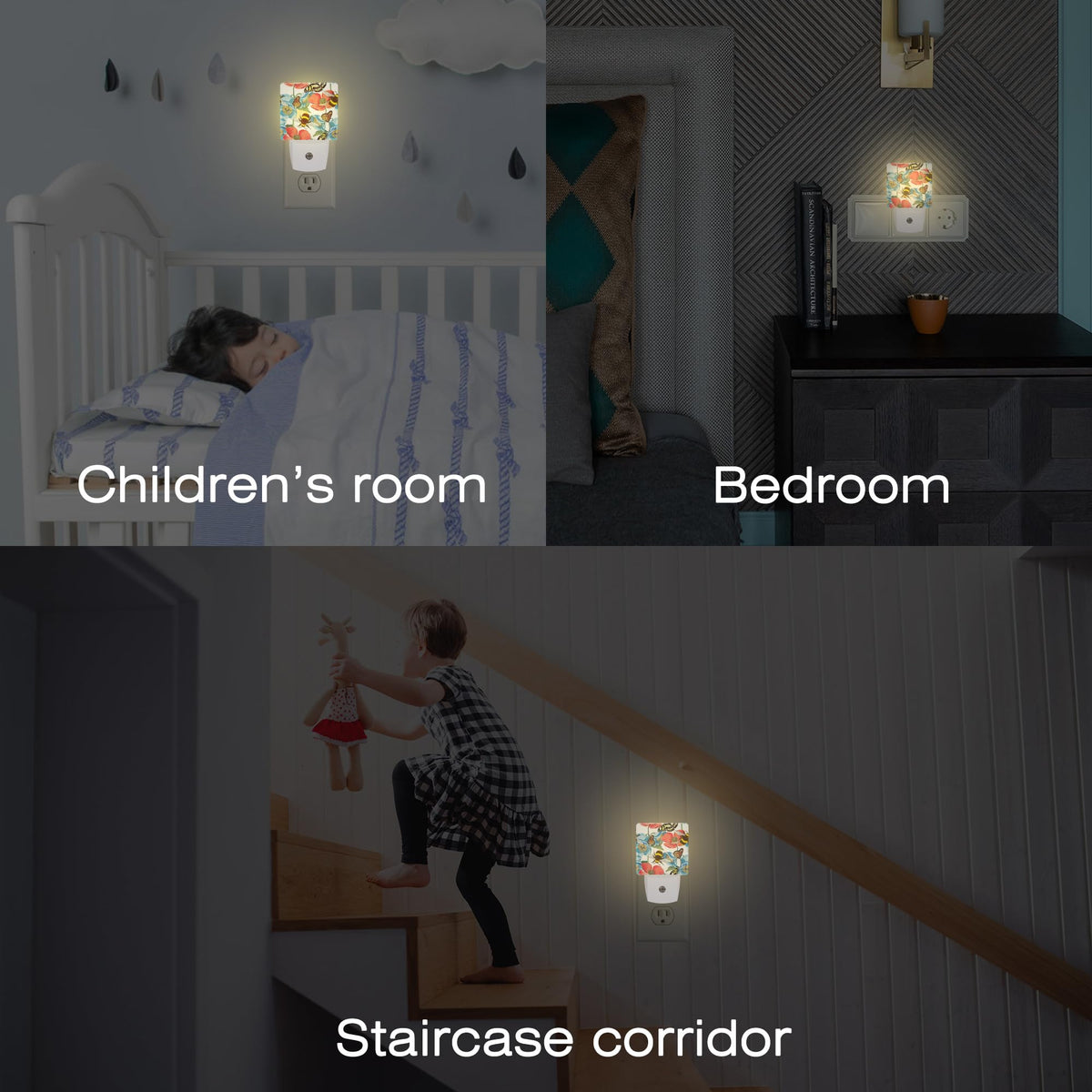Red Poppy Flowers with Bee Butterflies Night Light for Kids,Bright Floral Insects Night Light Plug in with Dusk to Dawn Sensor,0.5w Energy Saving Nightlight for Hallway Stairway Kitchen Bedroom