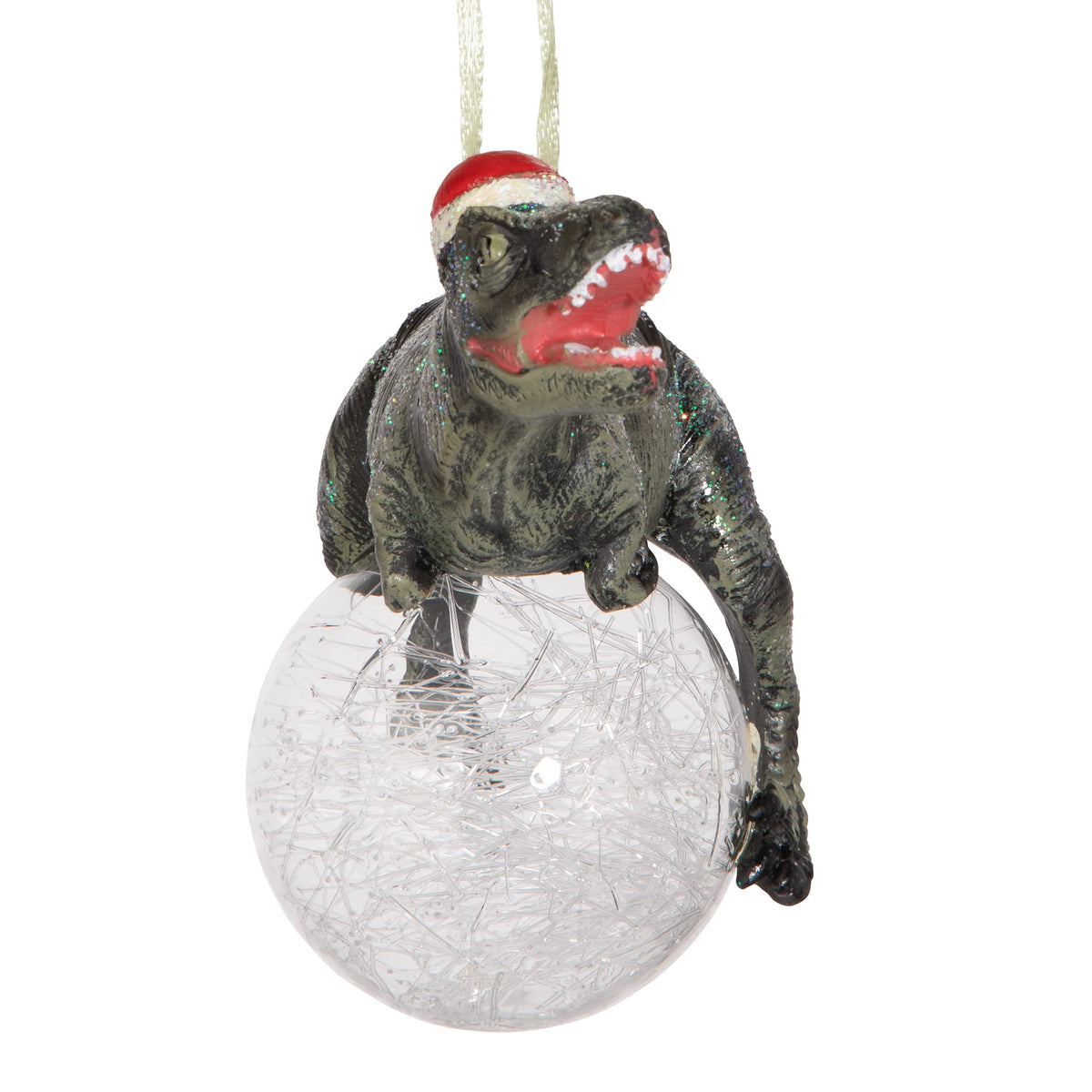 Design Toscano Blitzer the T Rex Dinosaur Christmas Tree Ornament, 5 Inch Long, Cast Stone Resin with Glass Ball, Green Glitter Finish