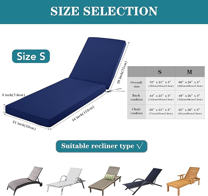 Outdoor Chaise Lounge Cushion Set of 2, Fadesafe Water-Repellent Lounge Deck