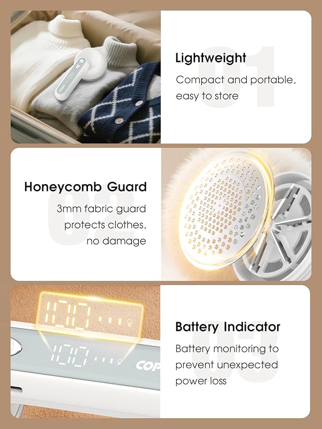 COPPA Lint Remover, LR-01 Remove Fuzz Lint USB-C Rechargeable 6 Blades & 3