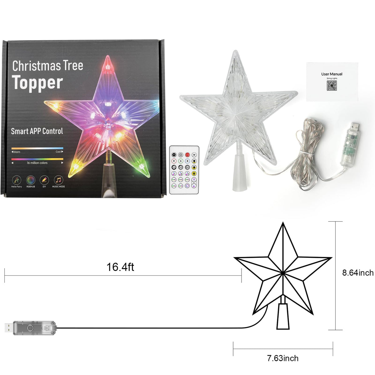 7.6" Christmas Tree Topper Star, RGB LED Lighted Star Tree Top w/Remote Control&APP, Scene Mode, DIY, Dimmable, Timer, Multicolour Lighted Treetop for Xmas Trees Holiday Party Gift Decorations
