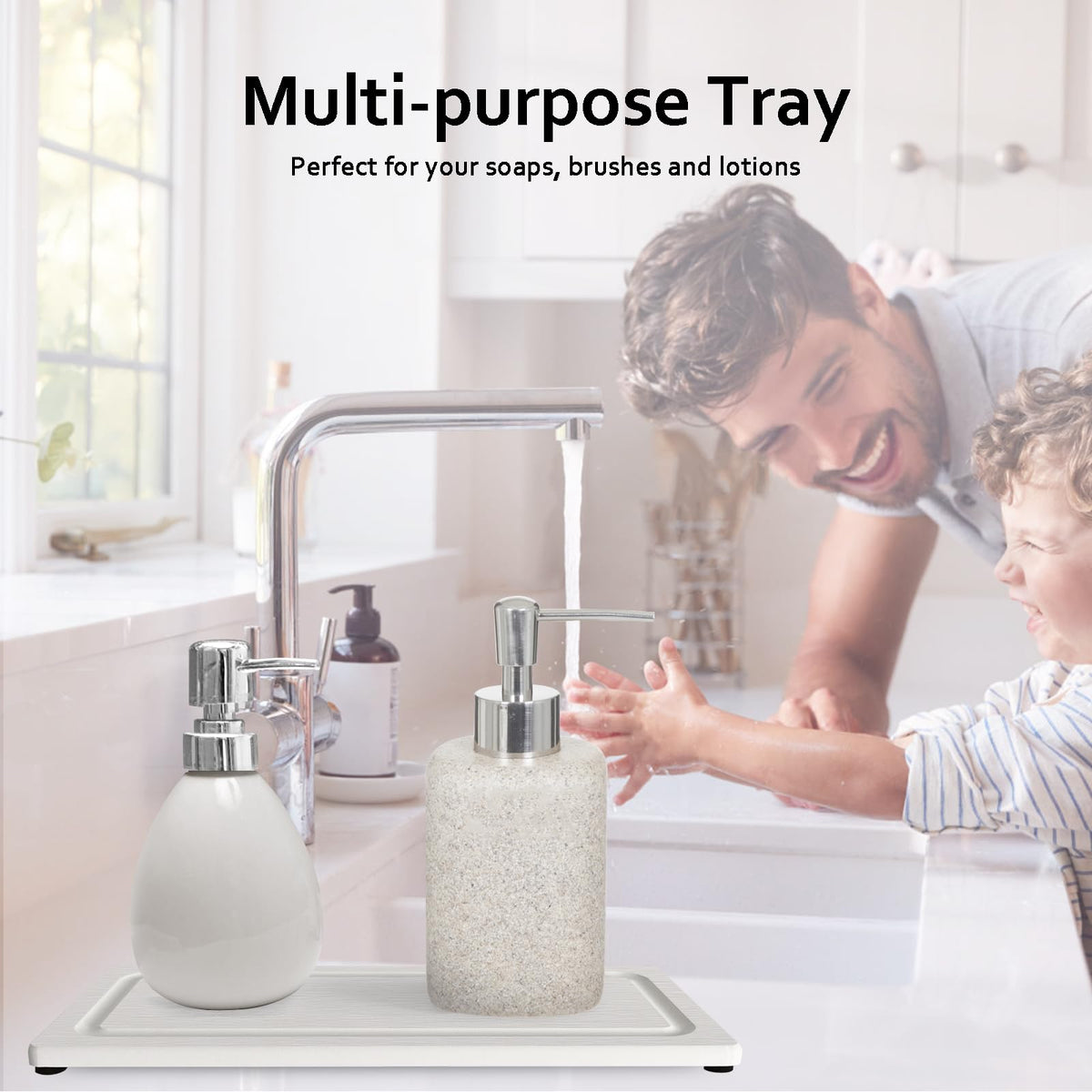 2 PCS Fast-Drying Stone Trays for Bathroom Sink & Kitchen Counter, Water Absorbing Diatomite Sink Coasters, Vanity Tray, Hand Soap Holder with Anti-Skid Pads (11" x 4.7" White)