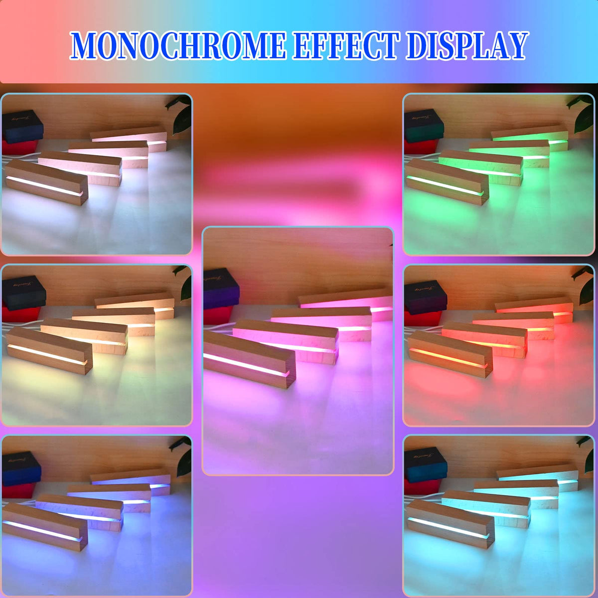 EATAKWARD 4 Pcs 5.9 Inch Wood Rectangle Light Display Pedestal, Wooden LED Display Base Dimmable Colorful Lights Lamp Stand for Acrylic, Crystal, Night Light, Glass Resin Art with USB Cable