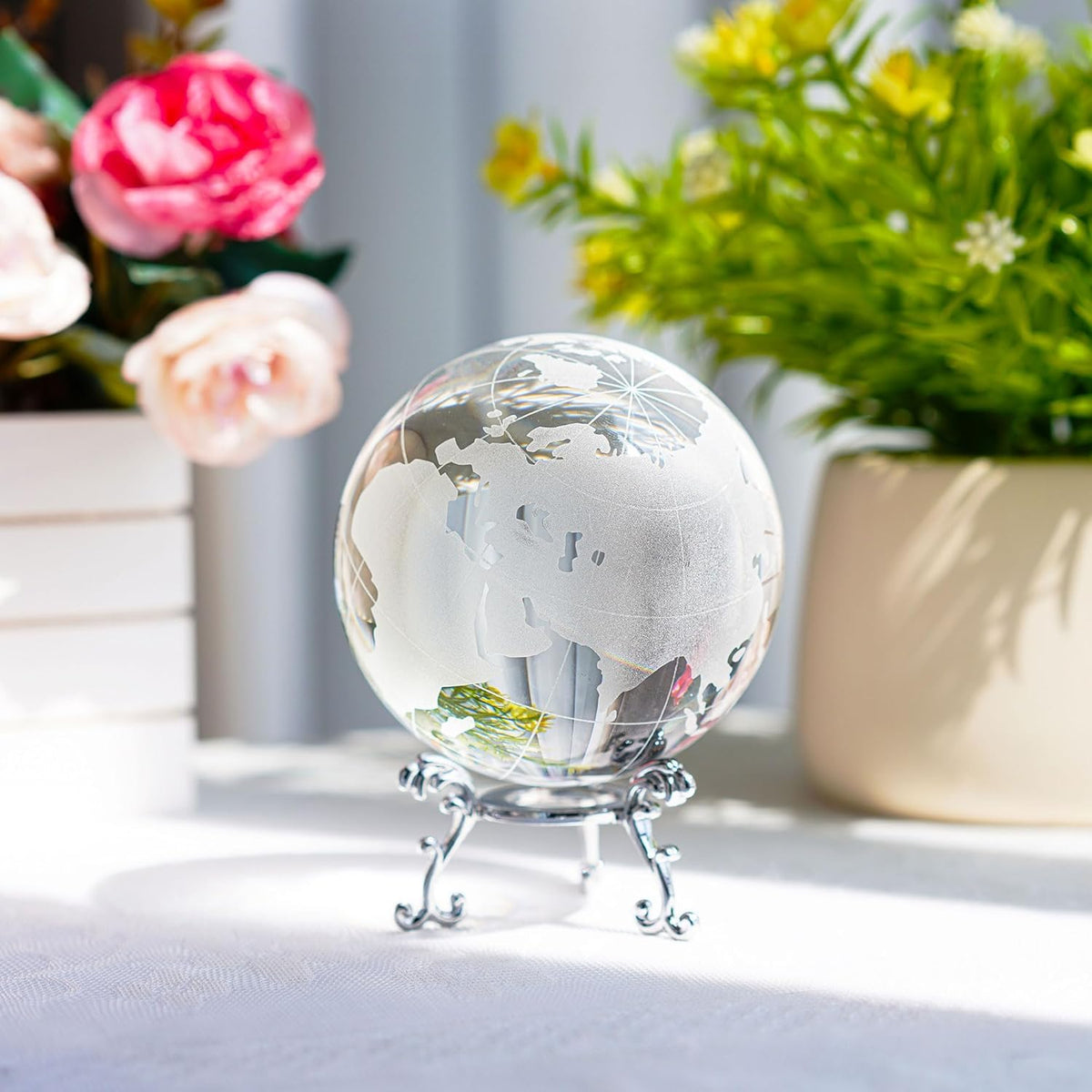 ZEERSHEE 80mm Crystal Earth Globe Ball with Stand World Map Glass Sphere Desk Office Home Decor Glass World Globe Paperweight
