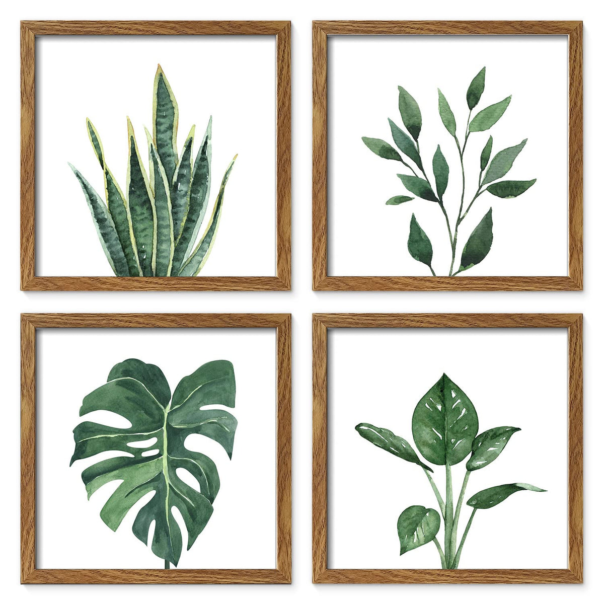ArtbyHannah Framed Bathroom Wall Art Decor, 10x10 Inch 4 Pack Botanical Gallery Wall Frame Set Modern Farmhouse Sage Green Prints Artwork for Spa, Restroom, Bedroom, Office Decoration (Walnut)