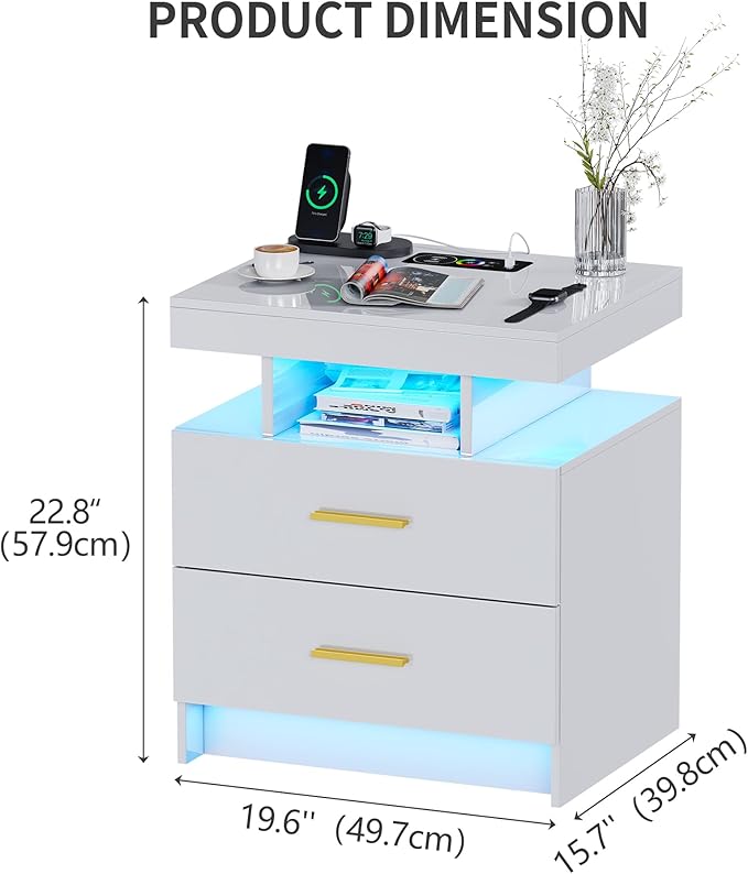 Smart Night Stand with Charging Station, Modern White Nightstand with 24 Color
