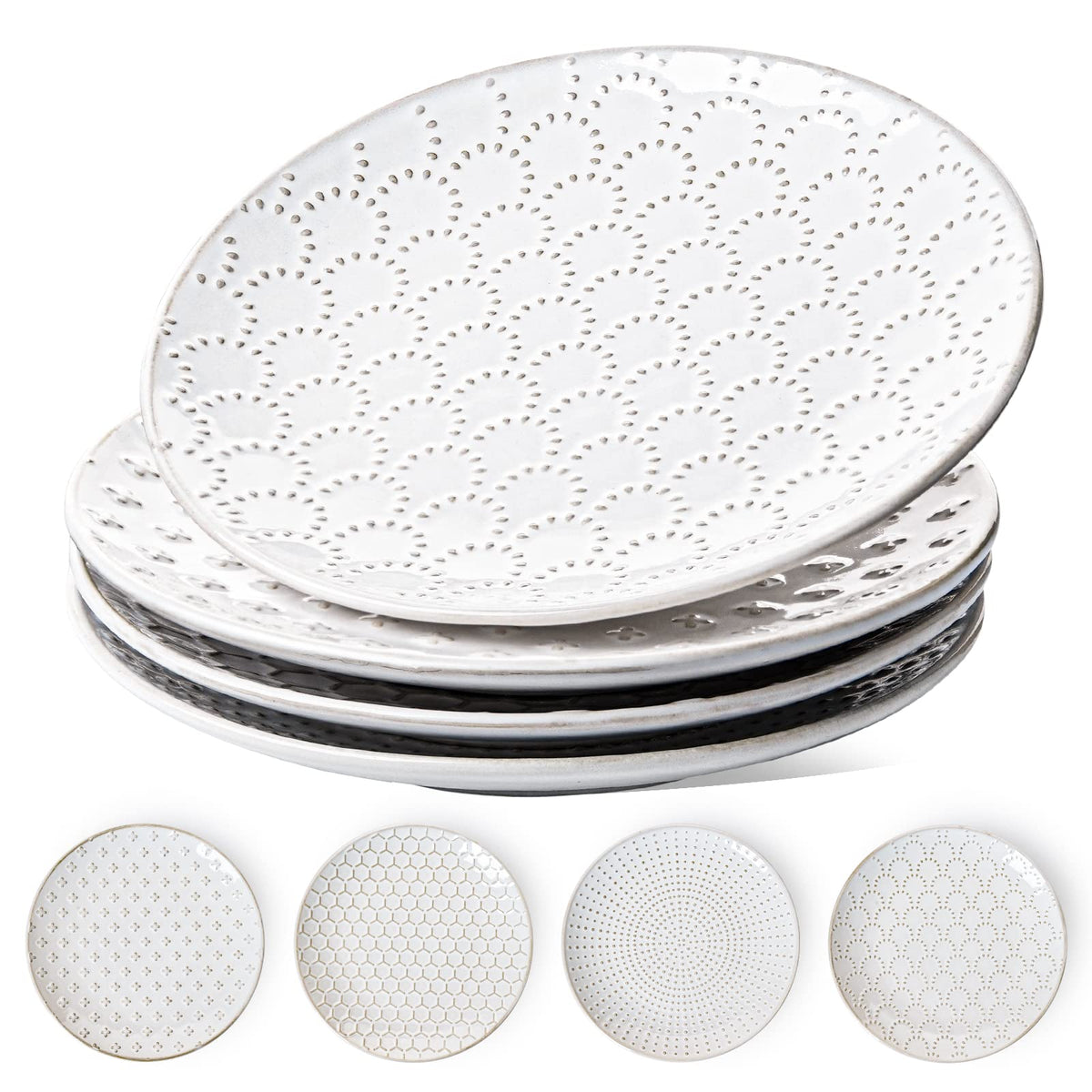 LE TAUCI Ceramic Salad Plates Set of 4, 8 Inch Embossed Appetizer Plates for Kitchen, Small Dessert Plates, Microwave & Dishwasher Safe Dinnerware Sets - Arctic White