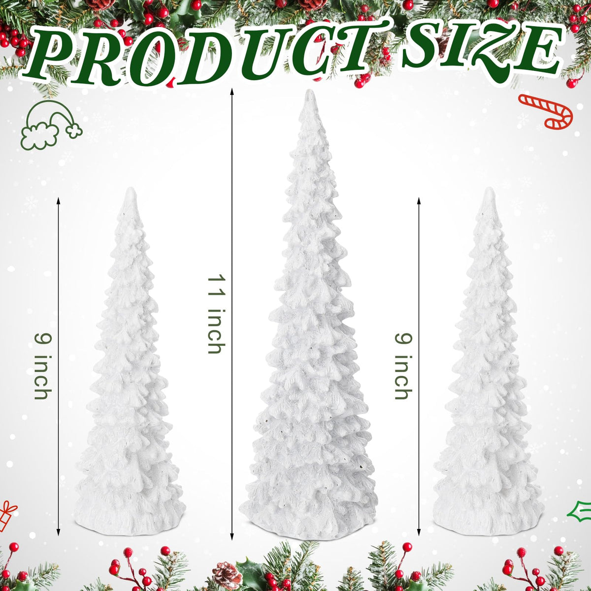 Flutesan 3 Pcs White Christmas Tree Figurines with Lights 11" /9" Tabletop Glittered Resin Village Pine Figurine Light Up Battery Operated Centerpieces Winter Holiday Decor for Table Mantel Home
