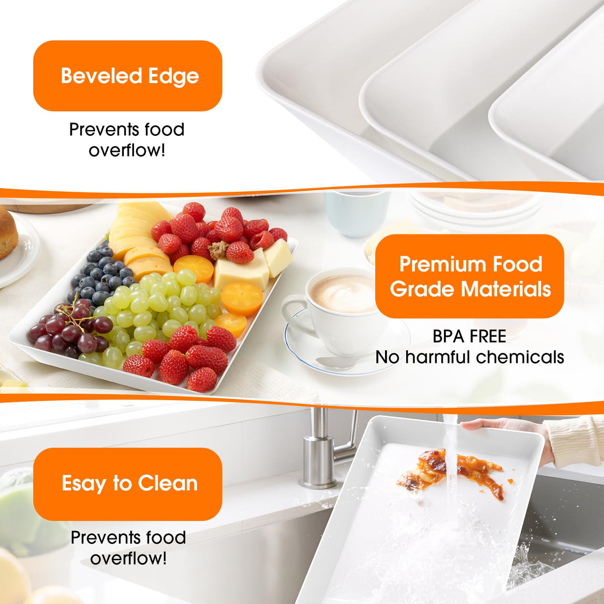 SpaceWhisper 3 Pack Serving Tray, White Rectangular Appetizer Platters for Party, Catering, Buffet, Large Reusable Serving Dishes for Snacks, Fruit, Dessert, 3 Size Set 16 * 11", 14 * 9", 12 * 7"