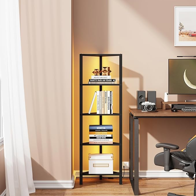 TUTOTAK Corner Shelf with LED Light, 5-Tier Corner Bookshelf