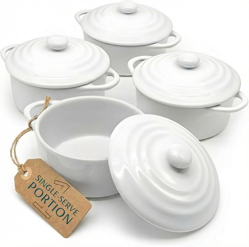 Kook Mini Cocotte Set - Small Ceramic Casserole Dishes with Lids | Oven & Microwave Safe, 12 oz, Set of 4 (Swiss White)