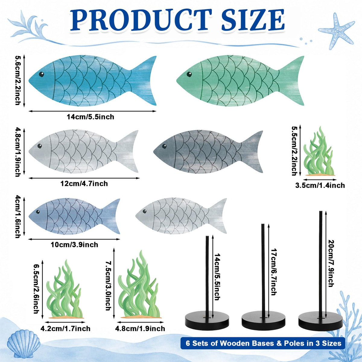 6Pcs Wooden Fish Table Decor with Seaweed Summer Ocean Theme Centerpiece Sea Animal Standing Sign Rustic Wood Fish Tabletop Decor Accents Coastal Home Office Bedroom Kitchen Table Shelf Desk