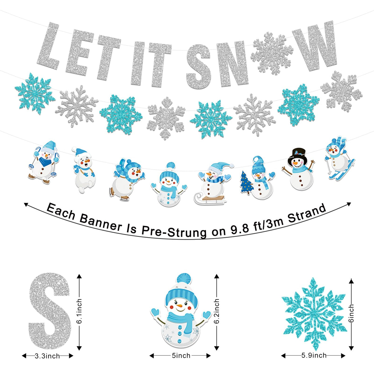 Winter Wonderland Decorations,3Pcs Pre-Strung Glitter Let It Snow Banner Sign,Snowflake Banner,Snowman Garland for Christmas Holiday Party Decorations,Winter Decorations for Home,Wall Indoor Mantle