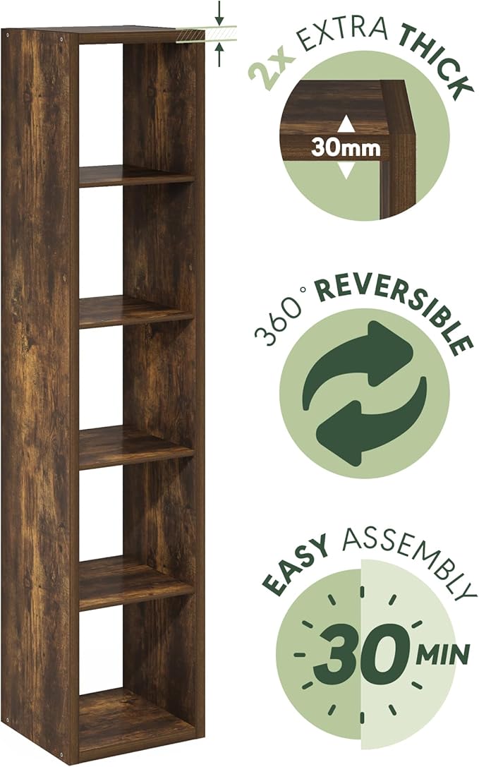 Furinno Cubicle Book Shelf, Vertical 5-Cube Bookshelf, Extra Thick Horizontally