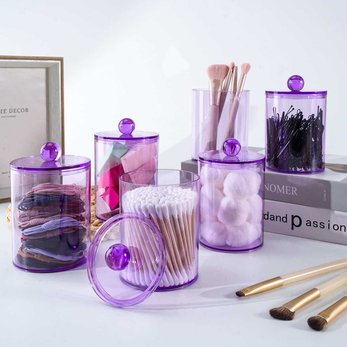 XIPENGKEJI 6 Pack Qtip Holder,Canister Apothecary Jar Set, Bathroom Jars with Lids Set for Cotton Swabs, Balls, Pads, Floss Picks,10oz-12oz Plastic Canisters Restroom Bedroom Vanity Organizer(Purple)