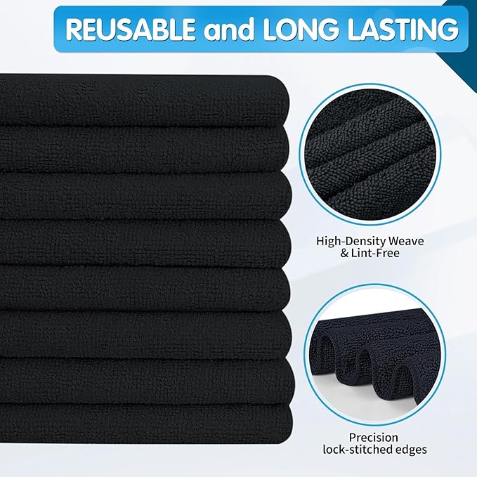 FIXSMITH Black Microfiber Cleaning Cloth -Pack of 12, Highly Absorbent Cleaning