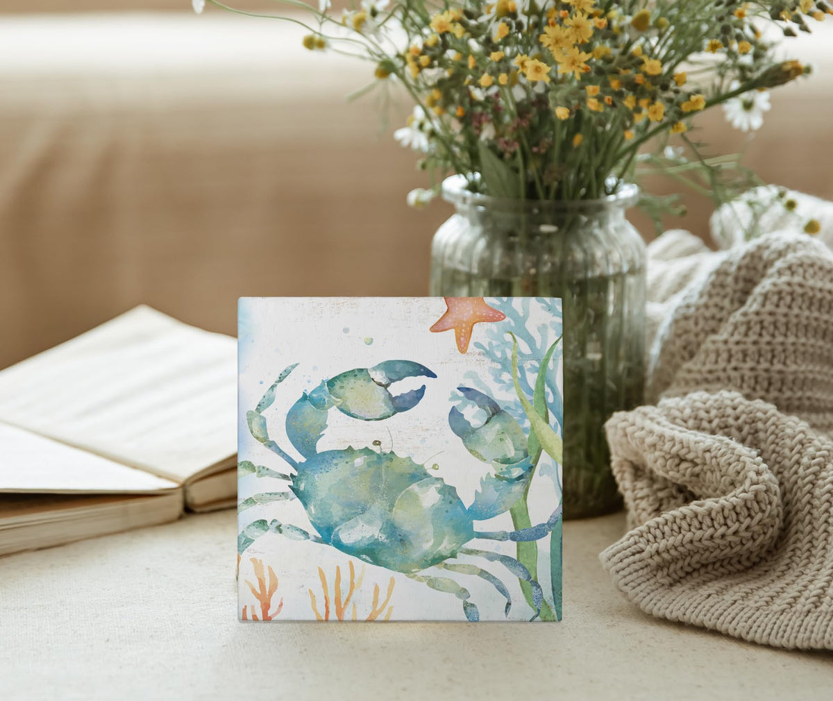 Mtrgdn Blue Crab Decor,Ocean Bathroom Crab Wood Box Sign Decor,Rustic Tiered Tray Decorations for Coastal Beach House Bathroom Wall Shelf Table Desk,Gift for Ocean Lovers,5x5 Inch