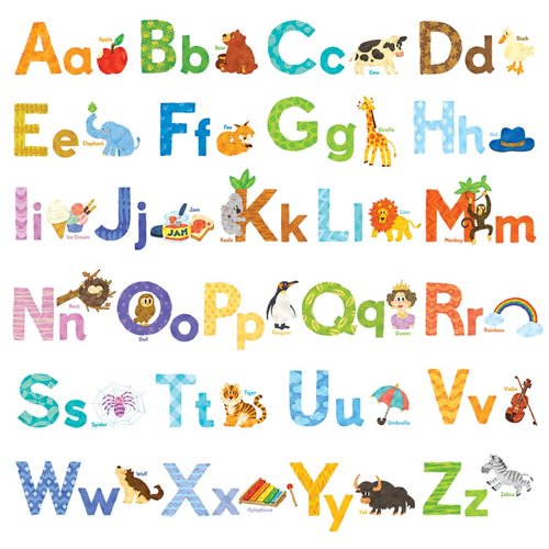 DECOWALL DS8-1608 Watercolour Animal Alphabet ABC Kids Wall Stickers Decals Peel and Stick Removable for Nursery Bedroom Living Room Art murals Decorations