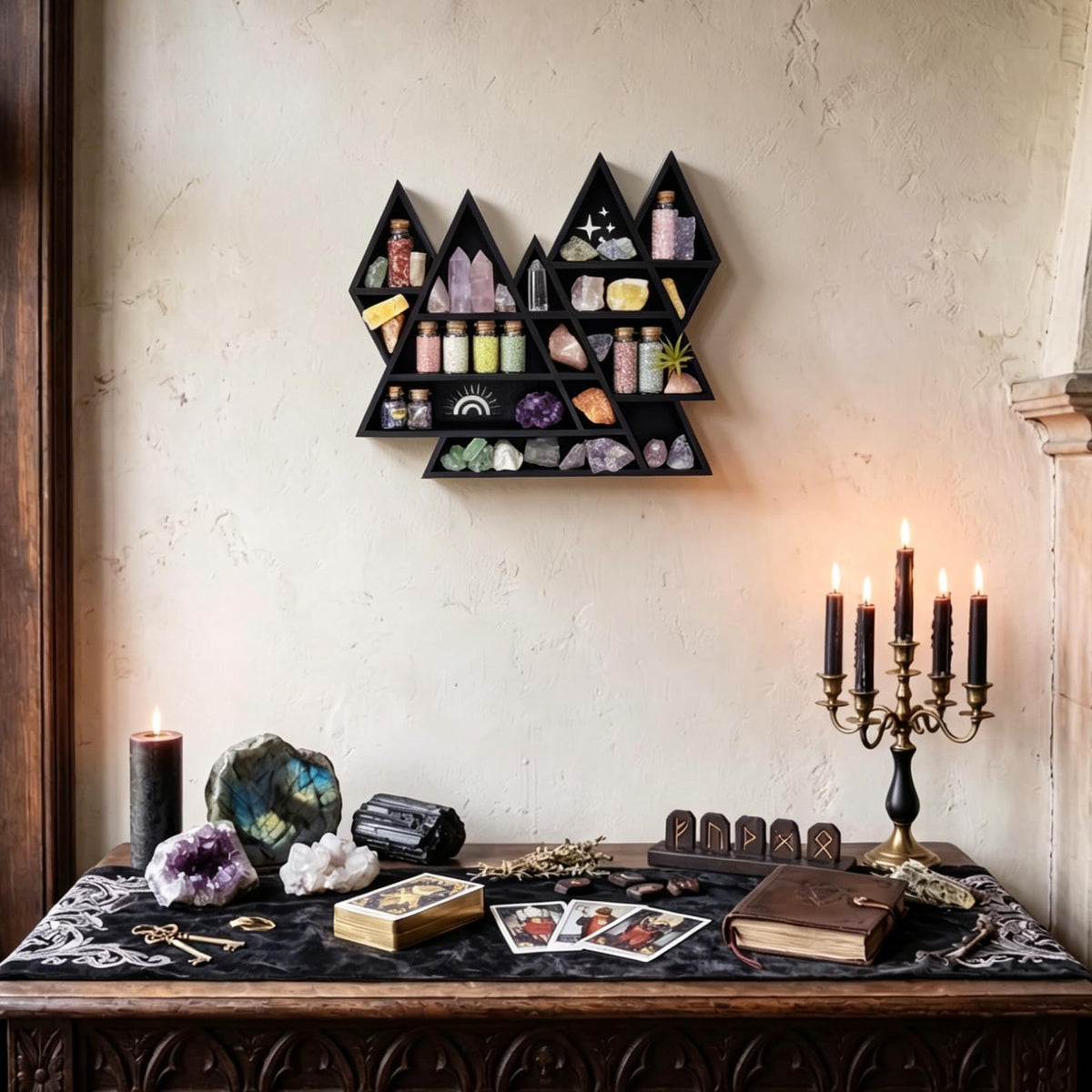 FNYDOX Mountain Crystal Shelf Display for Wall, Wooden Triangle Rock Gem Stone Storage Holder, Meditation Room Decor Spiritual Gift, Wall Hanging Organizer for Trinkets, Knick Knacks, Art Collections