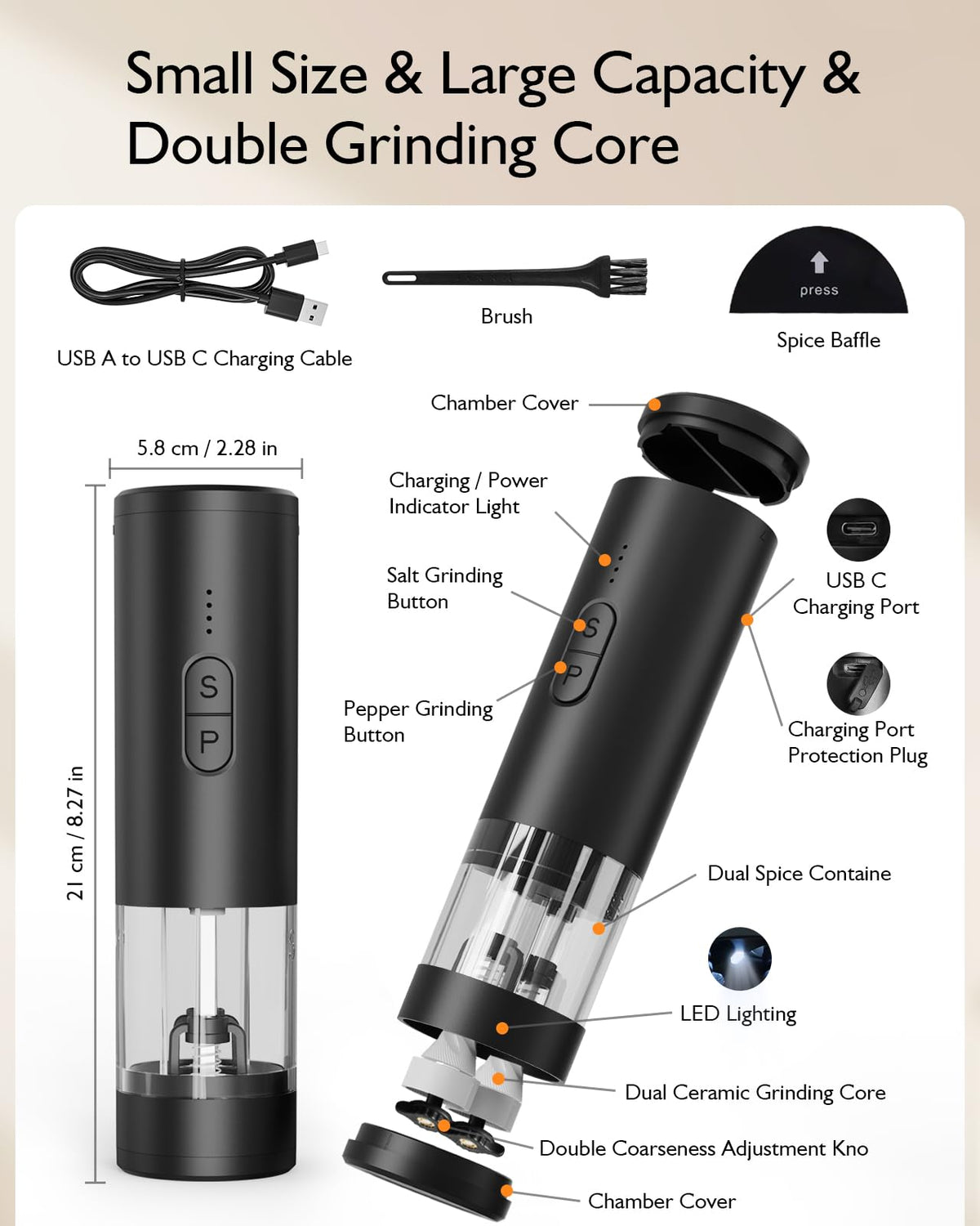 Electric Salt and Pepper Grinder Set, 2 in 1 Dual Bins USB Rechargeable Refillable Automatic Salt and Pepper Mill Shaker with LED Light, Dual Ceramic Grinder Adjustable Coarseness, kitchen gift, Black