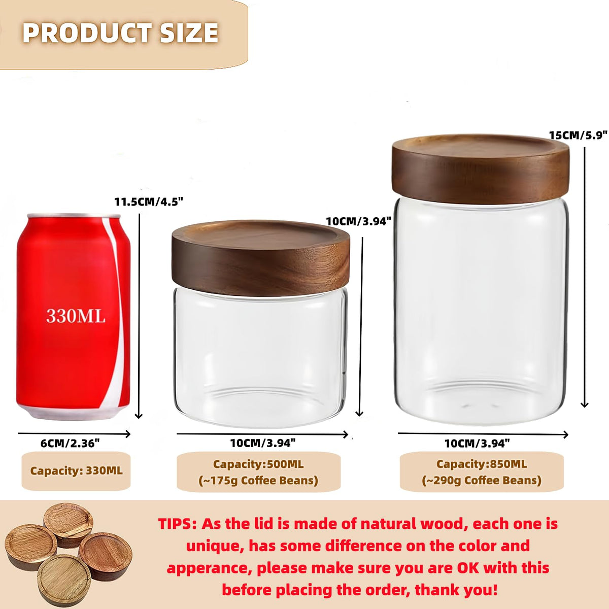 17 Fl oz/500 ml Glass Food Storage Jar, Premium Clear Glass Container Jar with Airtight Screw-on Wooden Lid, Kitchen Canisters for Coffee,Tea,Pasta,Cookies, Nuts,Spice,Candy,Overnight Oatmeal（Small)