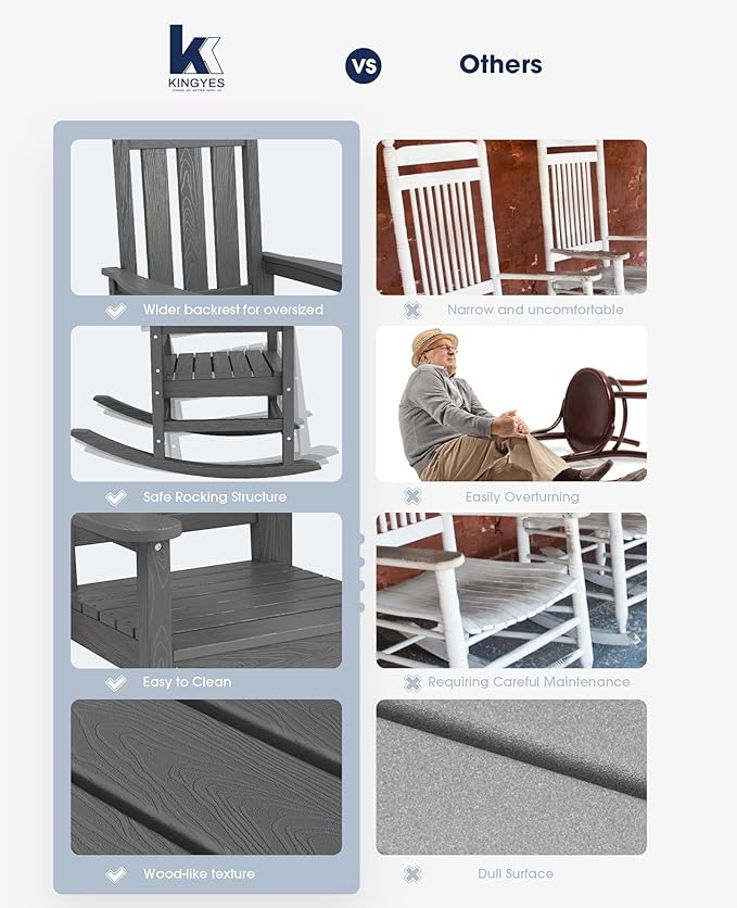 KINGYES Oversized Outdoor Rocking Chair Set of 2, All-Weather Patio Rocking