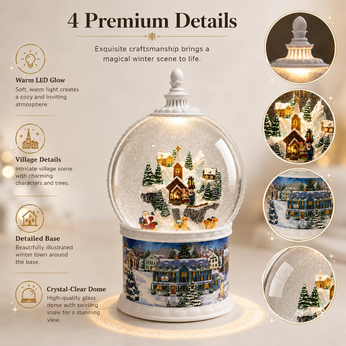 Large Lighted Snow Globe Lantern, 10.24" Winter Village Music Box with Moving Glitter & Rotating Carousel, USB & Battery Operated Night Light, 6H Timer, Snow Globe Gift for Women Mom Grandma Adults