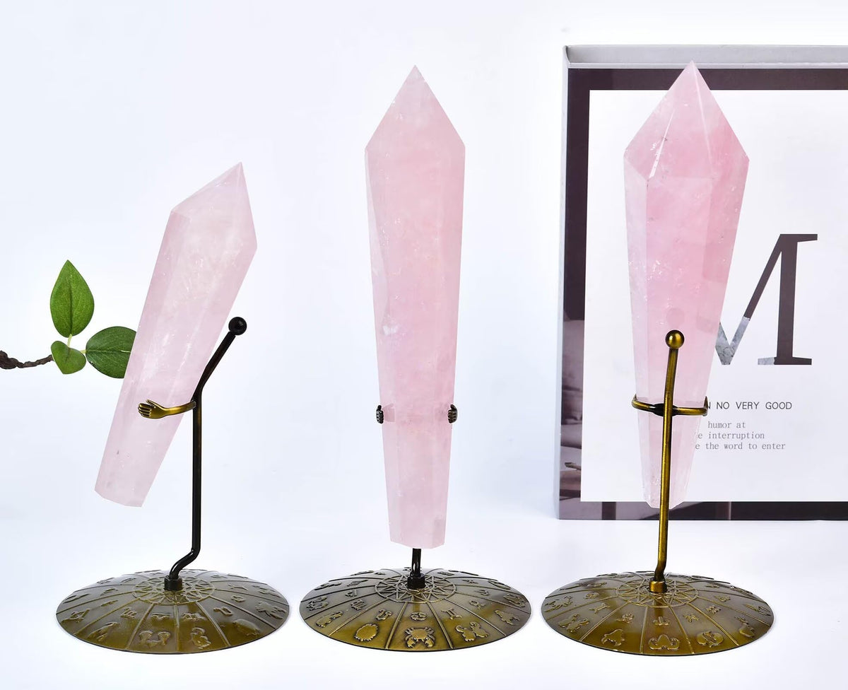 Rose Quartz Wand Point Long Healing Crystal Scepter Decorative Stone Reiki Meditation with Display Stand Home Office Decor 1.1-1.3LBS