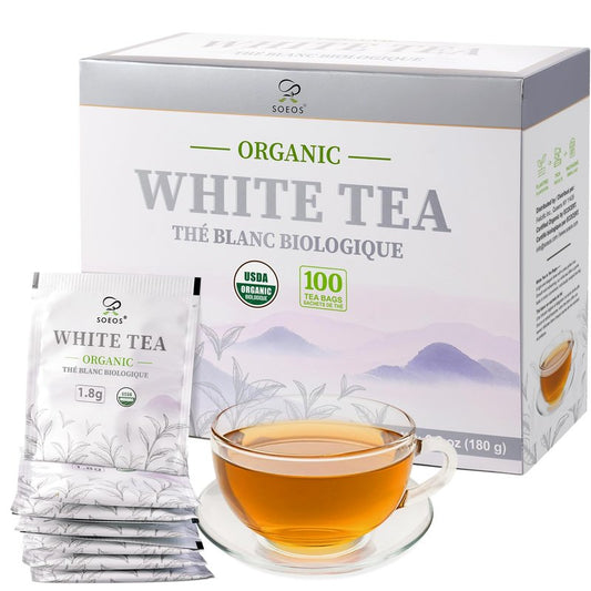 Soeos Organic White Tea, 100 Tea Bags, Individually Wrapped Teabags, Low Caffeine, Subtle Floral Aroma & Smooth Taste, Quality Tea for Everyday Brewing, Perfect for Hot or Iced Tea Lovers, 6.3oz (180g)