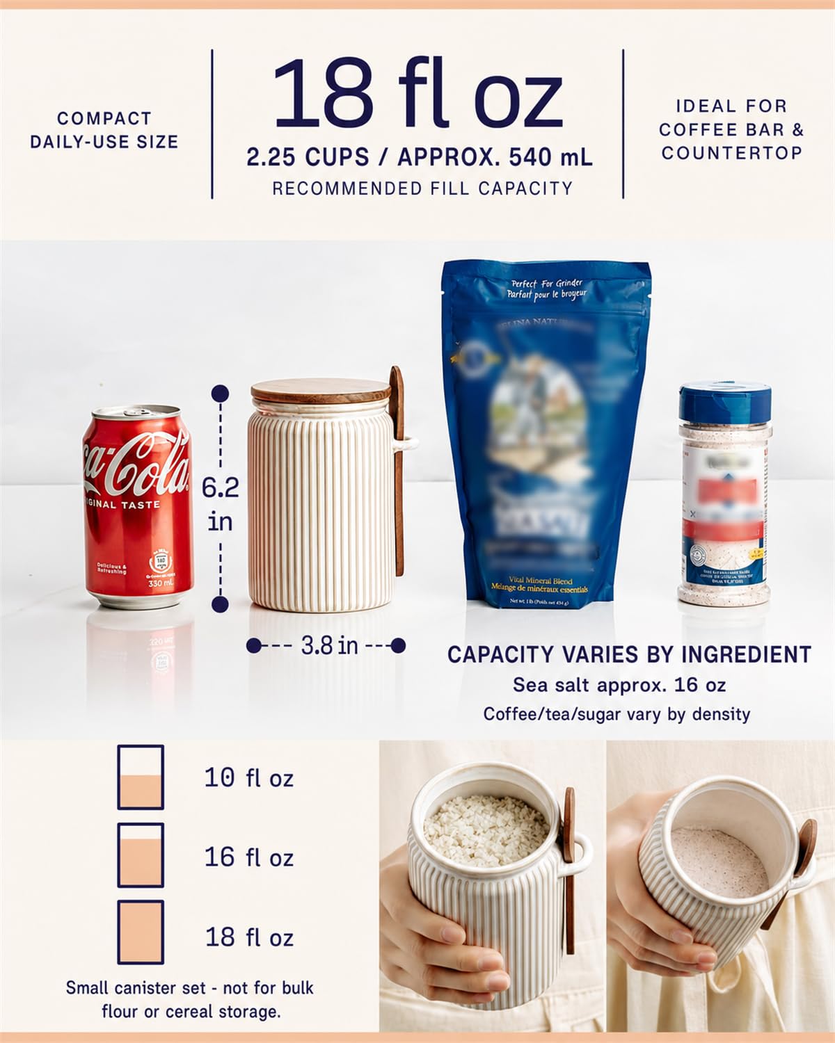 getstar Small Canisters Sets for the Kitchen, 18 oz Sugar Coffee Tea Storage Containers, Ceramic Kitchen Canisters for Countertop Set of 4 with Airtight Lids and Teaspoons