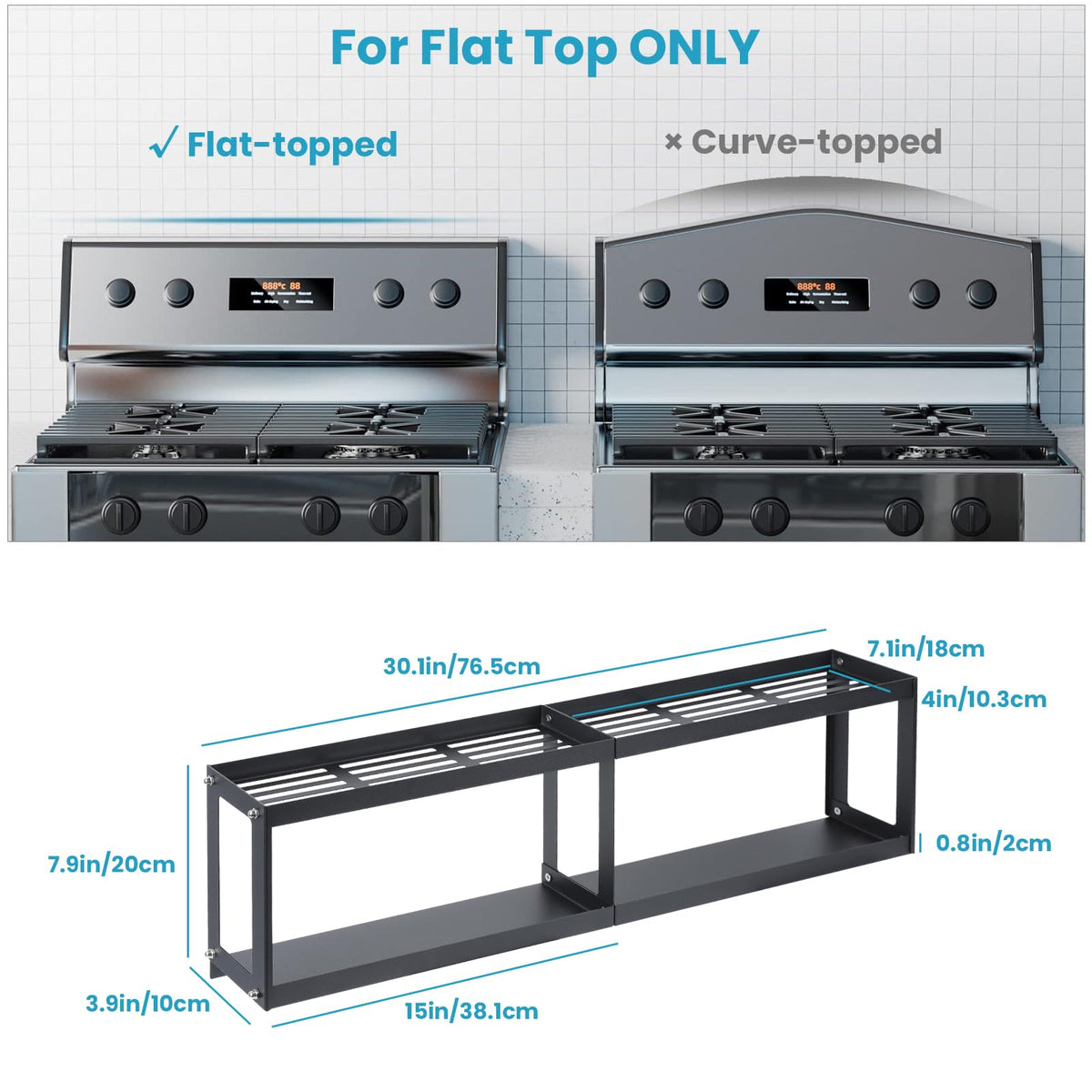 OTraki 2 Tier Strong Magnetic Oven Shelf 30 Inch Length Spice Rack Over The Stove Shelf with 2 Anti-Slip Mats Seasoning & 4 Hooks Kitchen Spice Storage Organizer Black