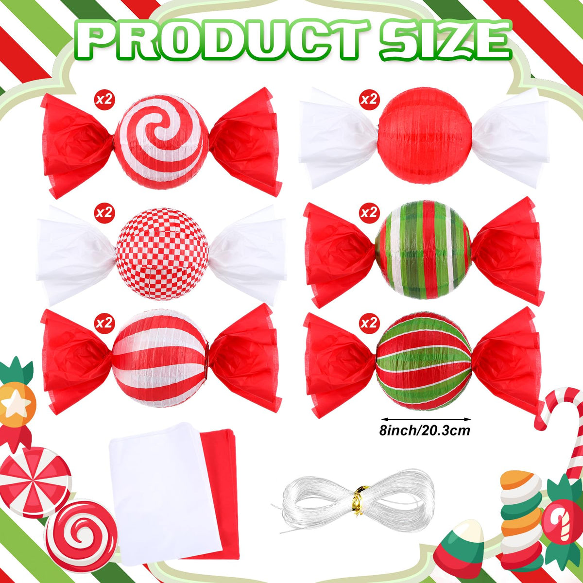 Faccito 12 Pcs Christmas Candy Paper Lanterns 8 Inch Red Green White Candy Canes Peppermint Lanterns DIY Decorative Hanging Paper Party Decorations for Xmas Party Supplies