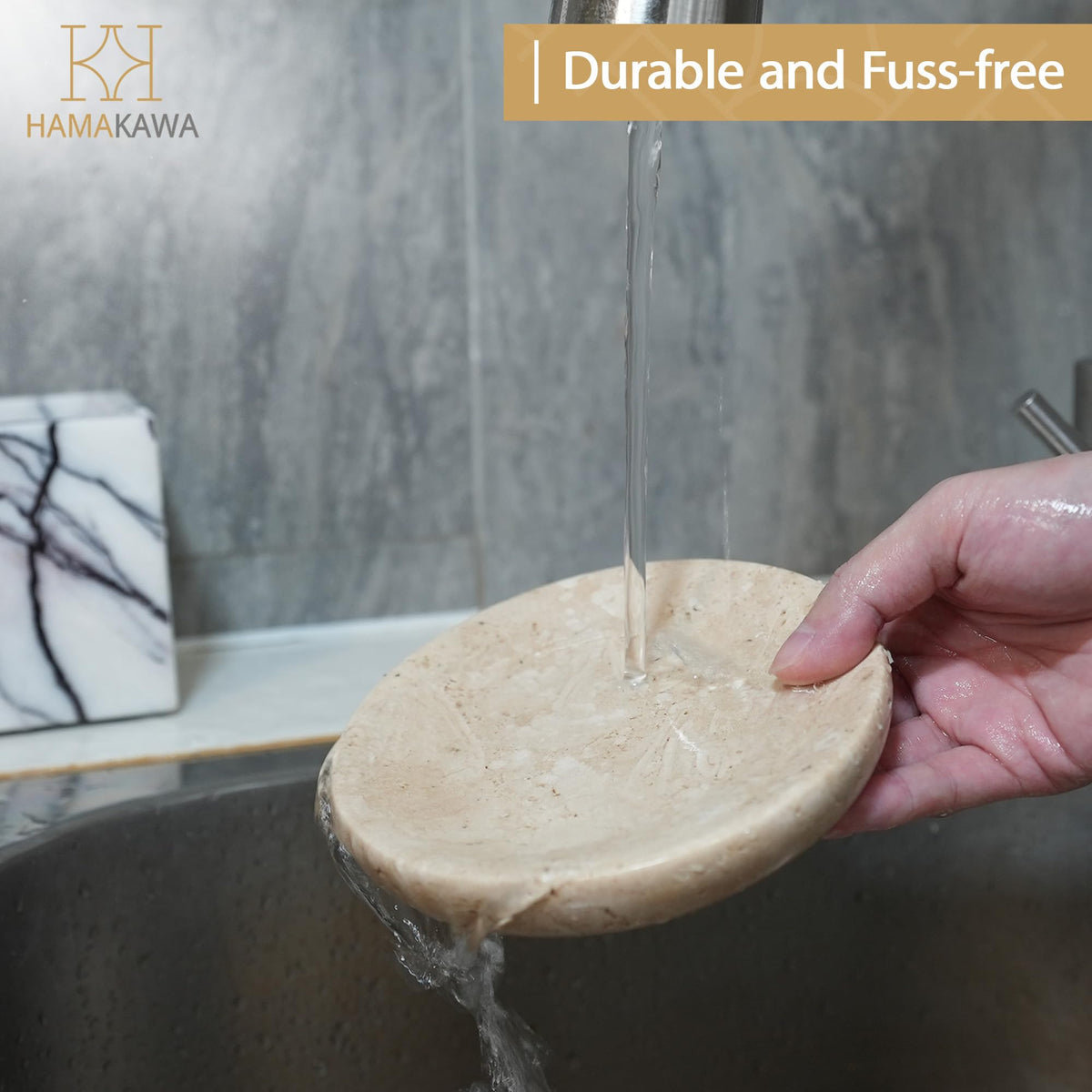 HAMAKAWA Turkish Natural Marble Jewelry Dish, Round Ring Dish 5.5 inch, Beige Trinket Tray, Travertine Bathroom Soap Holder, Decorative Stone Dish for Earrings, Ideal Gift for Women