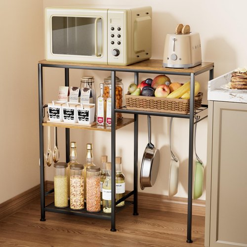 Consumest Microwave Stand, Adjustable Coffee Bar Cabinet, Multifunctional Pan Organizer with 6 Hooks and 3 Shelves, Bakers Rack for Shovel, Pots, Fruits, Vegetables, Brown&Black